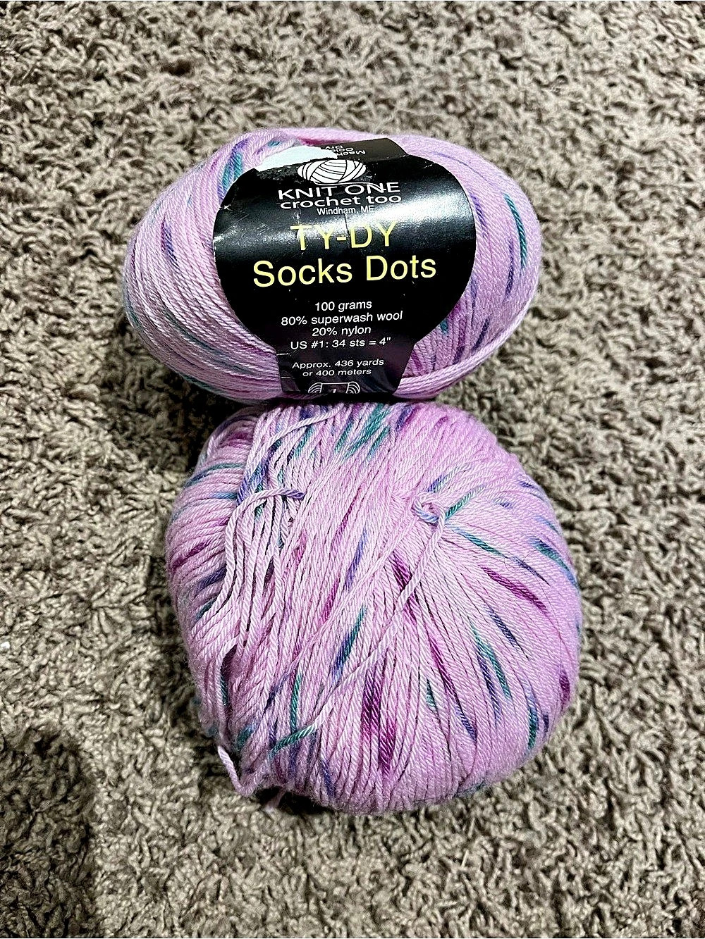 Knit One Crochet Too Ty-Dy Socks Dots Yarn Pink & Purple Like New